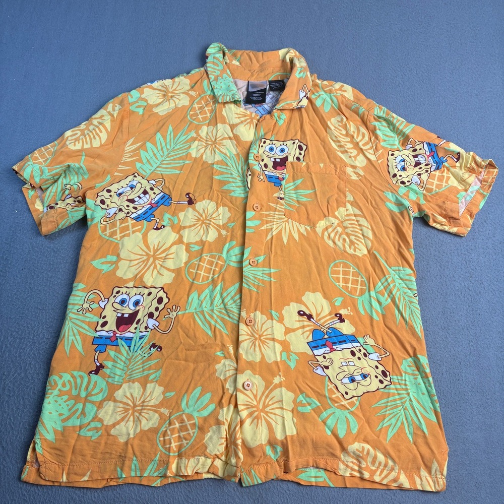 SpongeBob SquarePants Mens Large Orange Tropical Pineapple Button Down Shirt